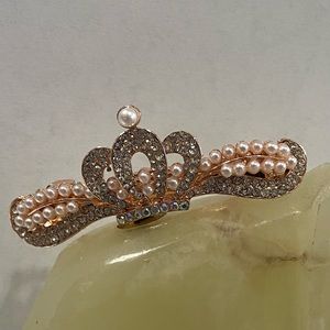 Rose gold metal rhinestones and pearl crown shaped barrette hair clip. Used.